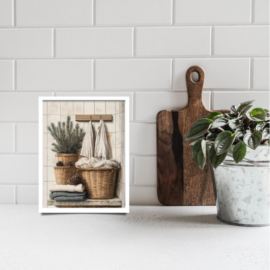 Washing day rustic framed canvas print | Beige, neutrals | 30 cm x 40 cm