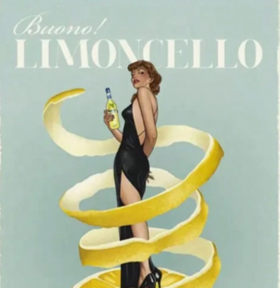 Limoncello vintage poster |  High quality UV protected framed canvas print | Sage, yellow, black | 30 cm x 40 cm