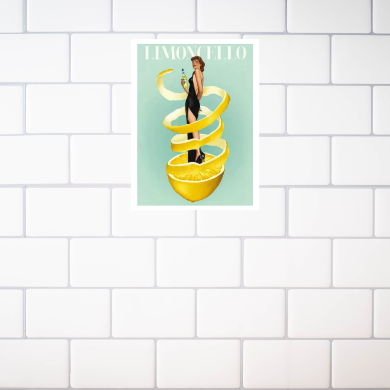 Limoncello vintage poster |  High quality UV protected framed canvas print | Sage, yellow, black | 30 cm x 40 cm