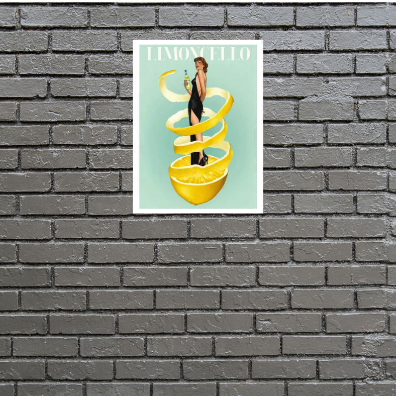 Limoncello vintage poster |  High quality UV protected framed canvas print | Sage, yellow, black | 30 cm x 40 cm