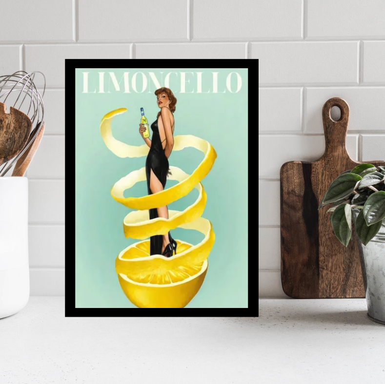 Limoncello vintage poster |  High quality UV protected framed canvas print | Sage, yellow, black | 30 cm x 40 cm