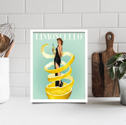 Limoncello vintage poster |  High quality UV protected framed canvas print | Sage, yellow, black | 30 cm x 40 cm