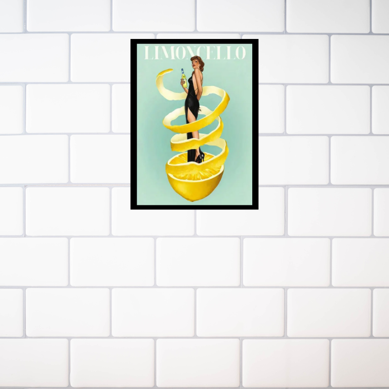 Limoncello vintage poster |  High quality UV protected framed canvas print | Sage, yellow, black | 30 cm x 40 cm
