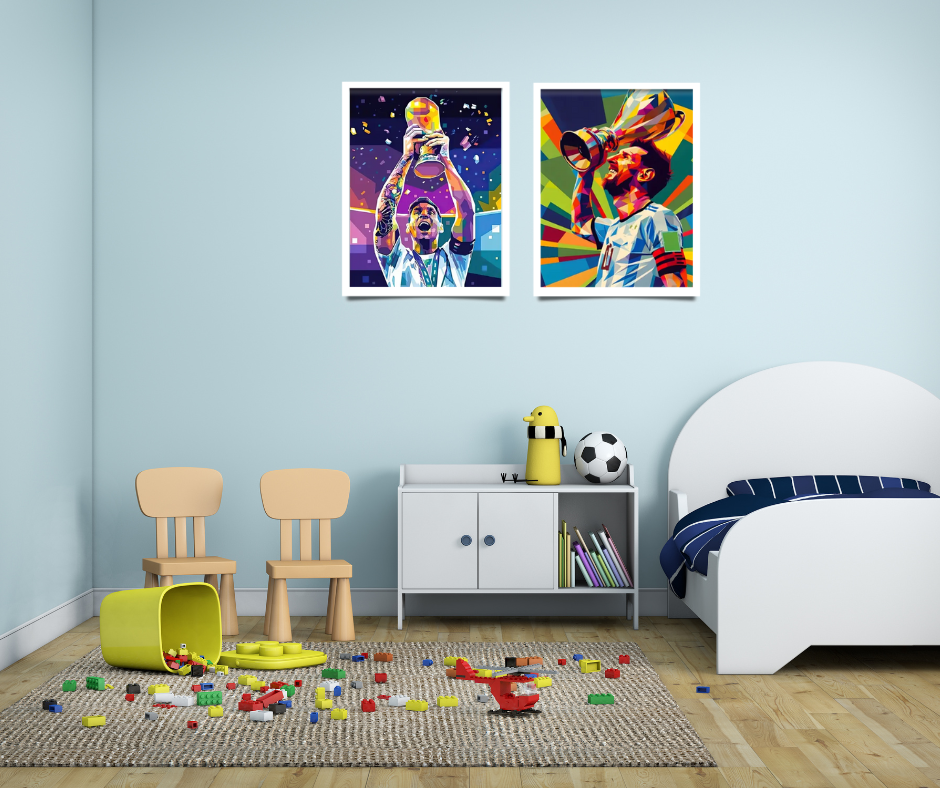 Lionel Messi high quality framed canvas prints | Green, purple. pink, yellow | Set of 2 | 30 cm x 40 cm