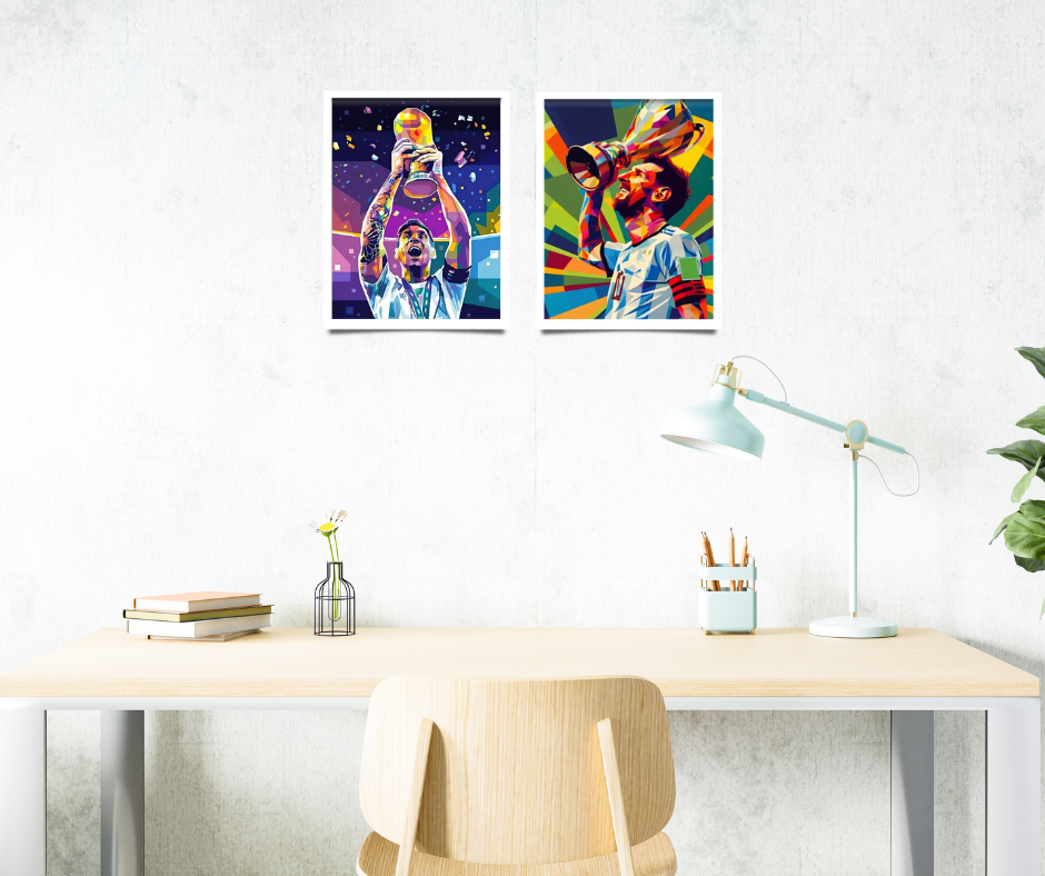 Lionel Messi high quality framed canvas prints | Green, purple. pink, yellow | Set of 2 | 30 cm x 40 cm