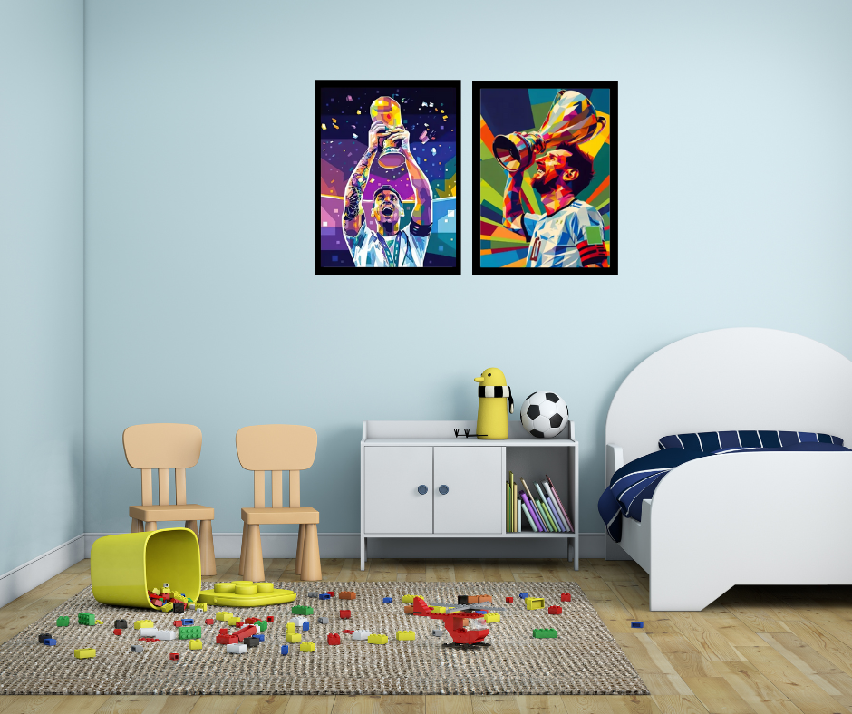 Lionel Messi high quality framed canvas prints | Green, purple. pink, yellow | Set of 2 | 30 cm x 40 cm