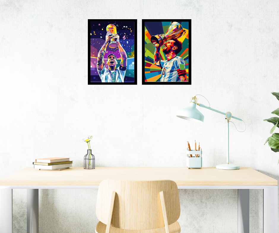 Lionel Messi high quality framed canvas prints | Green, purple. pink, yellow | Set of 2 | 30 cm x 40 cm