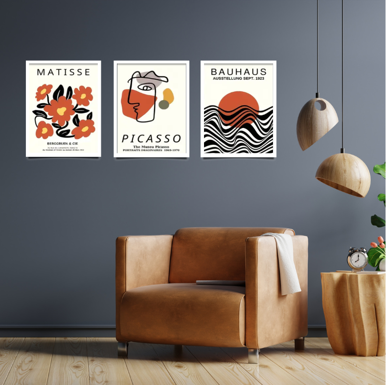 Bauhaus, Matisse and Picasso |  High quality UV protected framed canvas print | Orange and black | Set of 3 | Black frames