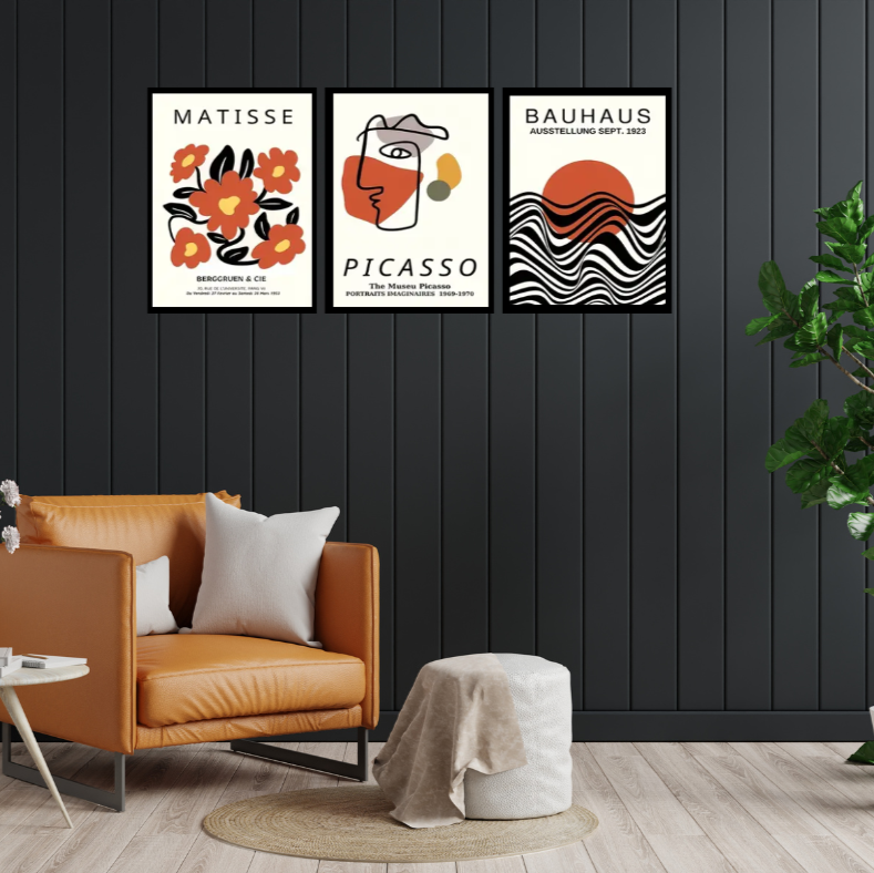 Bauhaus, Matisse and Picasso |  High quality UV protected framed canvas print | Orange and black | Set of 3 | Black frames