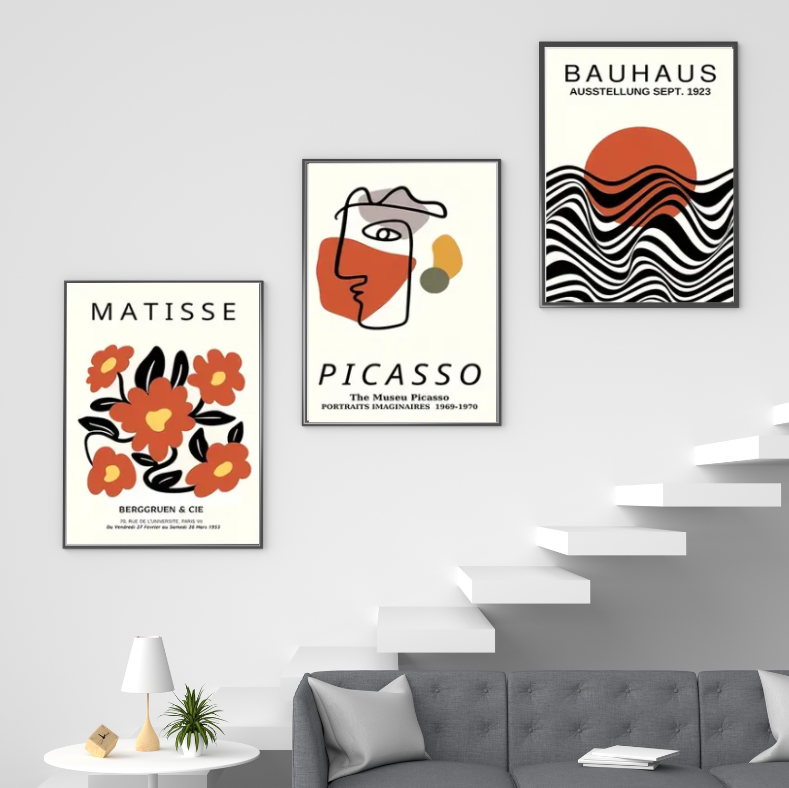 Bauhaus, Matisse and Picasso |  High quality UV protected framed canvas print | Orange and black | Set of 3 | Black frames