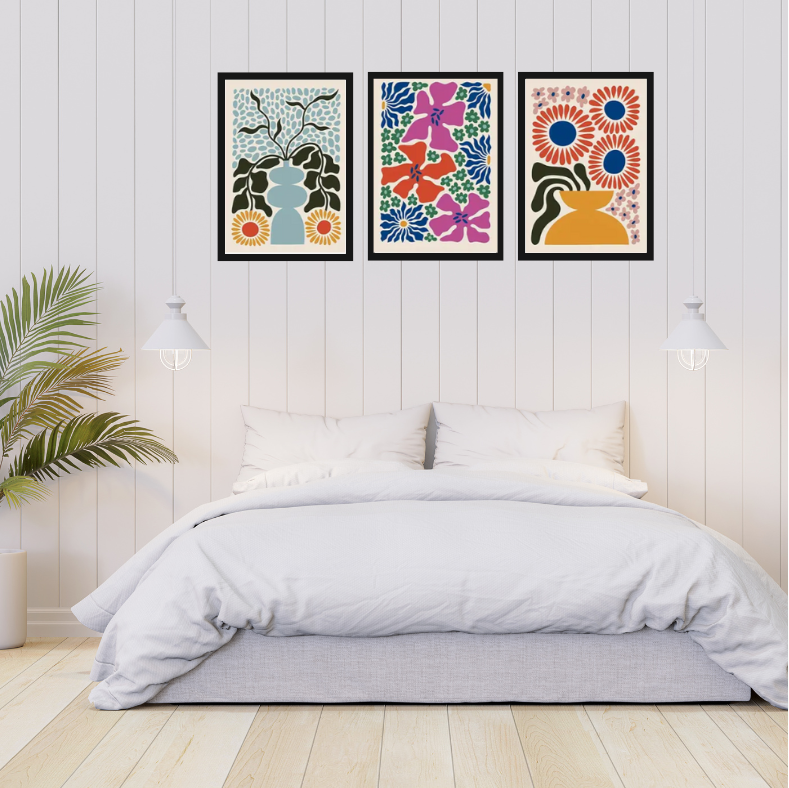 Matisse bright floral high quality UV protected framed canvas prints | Pink, blue, red, black, yellow | Set of 3 | 30 cm x 40 cm