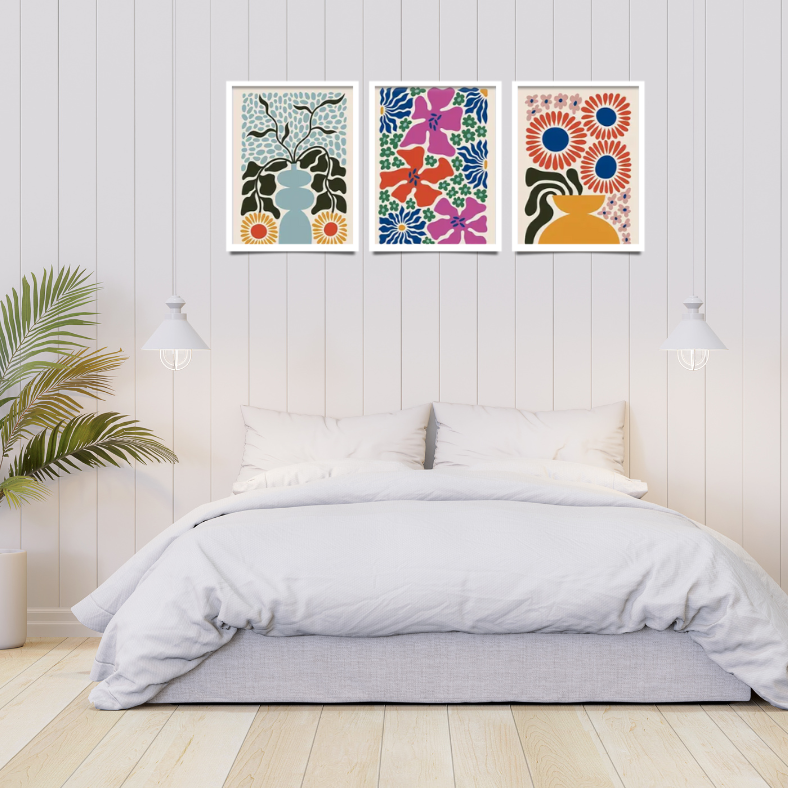 Matisse bright floral high quality UV protected framed canvas prints | Pink, blue, red, black, yellow | Set of 3 | 30 cm x 40 cm