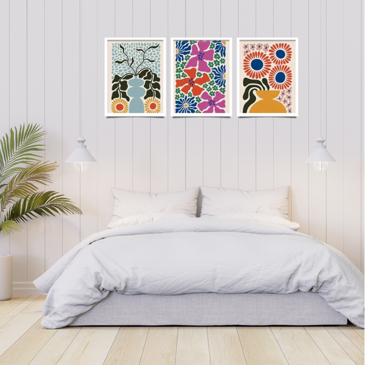 Matisse bright floral high quality UV protected framed canvas prints | Pink, blue, red, black, yellow | Set of 3 | 30 cm x 40 cm