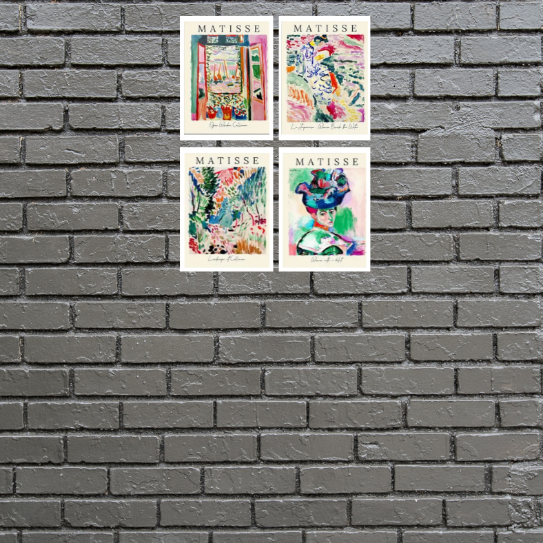 Matisse bright impressionist style high quality UV protected framed canvas prints | Blue, green, pink, red | Set of 4 | 30 cm x 40 cm