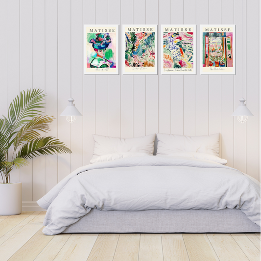 Matisse bright impressionist style high quality UV protected framed canvas prints | Blue, green, pink, red | Set of 4 | 30 cm x 40 cm