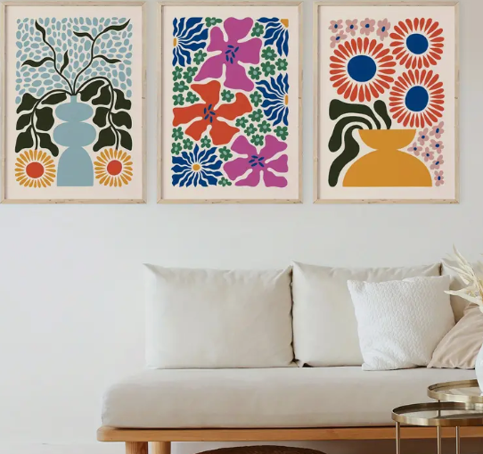 Matisse bright floral high quality UV protected framed canvas prints | Pink, blue, red, black, yellow | Set of 3 | 30 cm x 40 cm