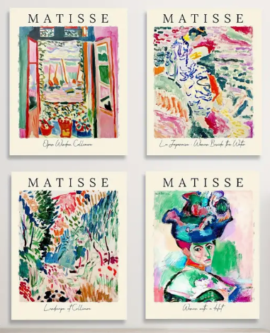 Matisse bright impressionist style high quality UV protected framed canvas prints | Blue, green, pink, red | Set of 4 | 30 cm x 40 cm