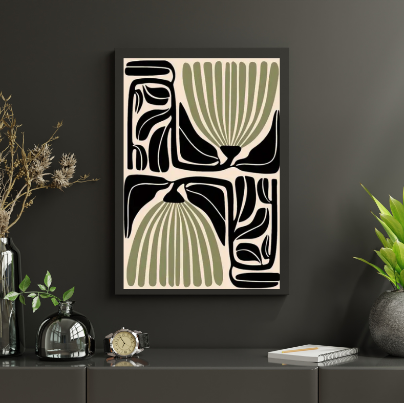 Matisse stylised double-tulip high quality UV protected framed canvas print | Sage, black, cream | 30 cm x 40 cm