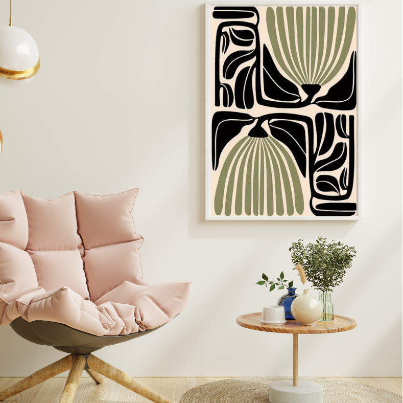 Matisse stylised double-tulip high quality UV protected framed canvas print | Sage, black, cream | 30 cm x 40 cm