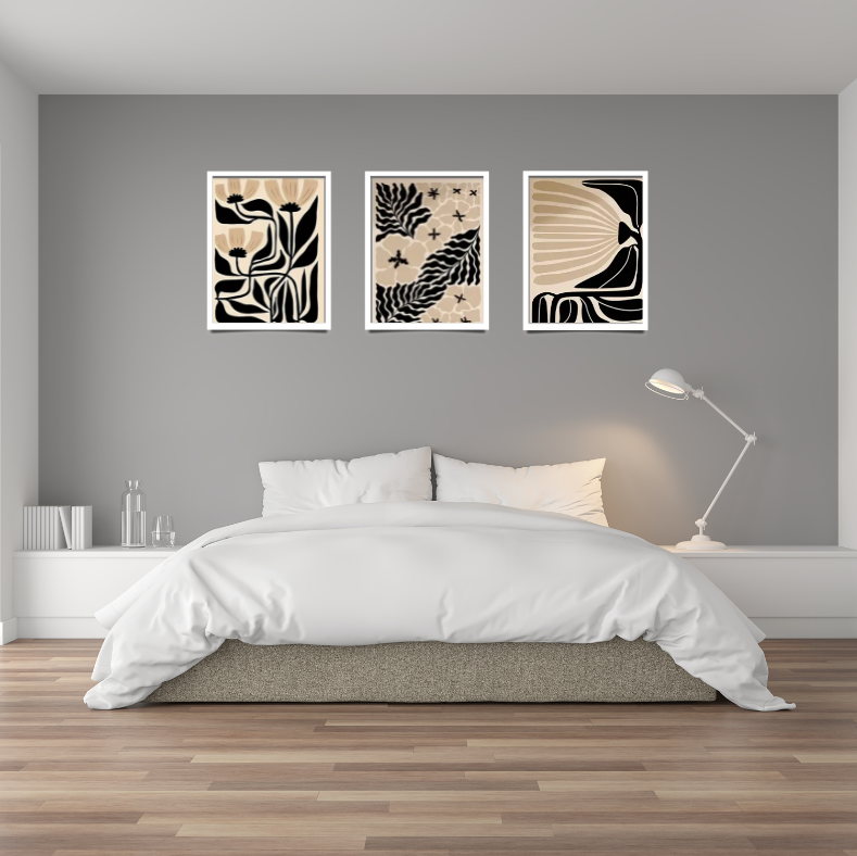 Matisse stylised floral high quality UV protected framed canvas prints | Beige, black, cream | Set of 3 | 30 cm x 40 cm