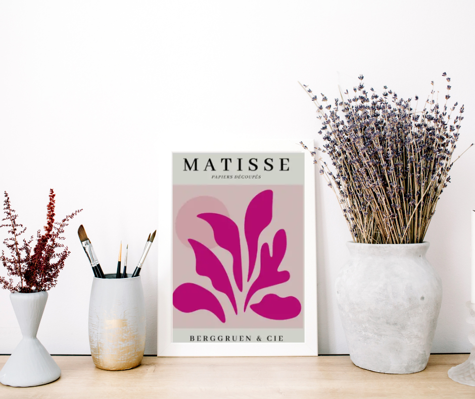 Matisse stylised floral high quality UV protected framed canvas print | Pink, black | 30 cm x 40 cm