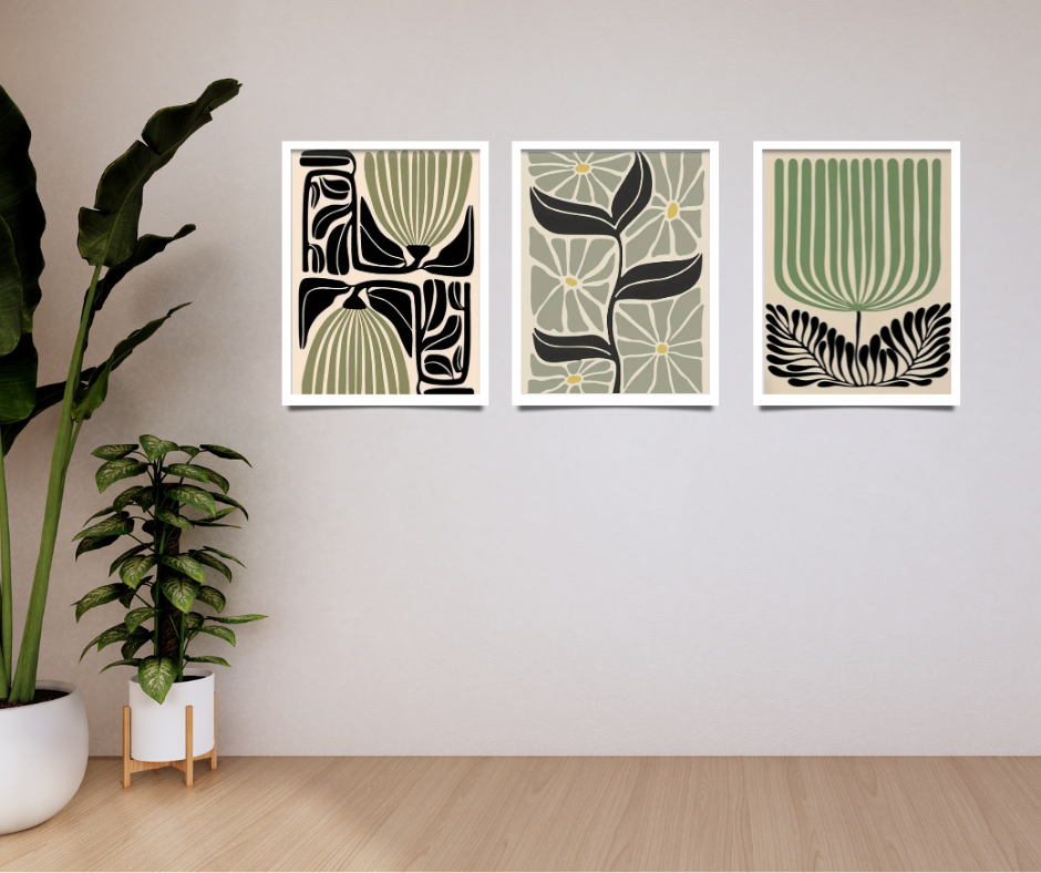Matisse stylised floral high quality UV protected framed canvas prints | Sage, black, cream | Set of 3 | 30 cm x 40 cm