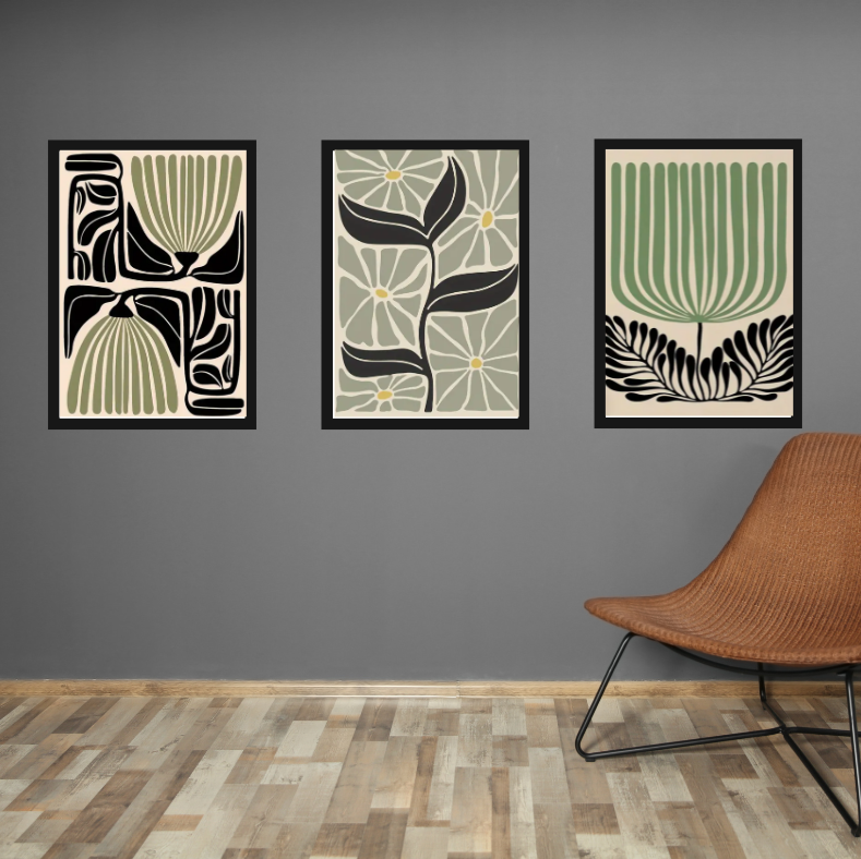 Matisse stylised floral high quality UV protected framed canvas prints | Sage, black, cream | Set of 3 | 30 cm x 40 cm