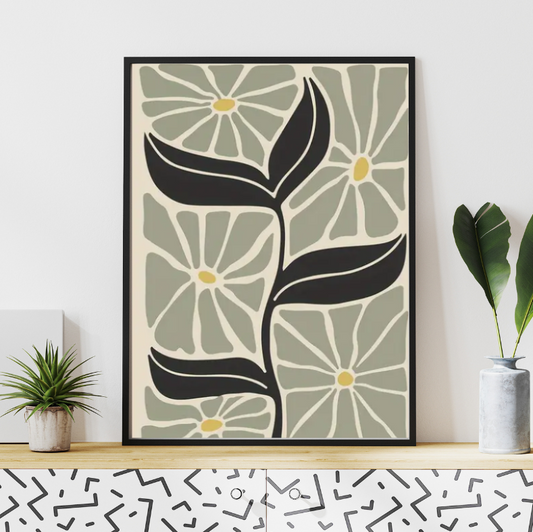 Matisse stylised foliage high quality UV protected framed canvas print | Sage, black, cream | 30 cm x 40 cm