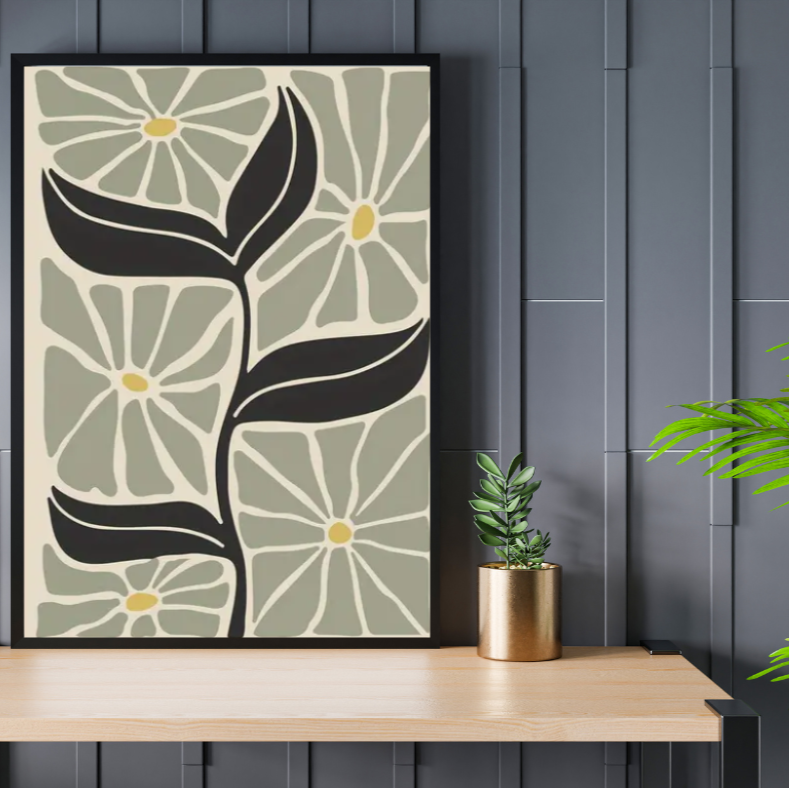 Matisse stylised foliage high quality UV protected framed canvas print | Sage, black, cream | 30 cm x 40 cm