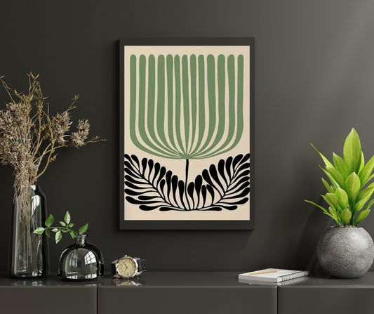 Matisse stylised single tulip high quality UV protected framed canvas print | Sage, black, cream | 30 cm x 40 cm