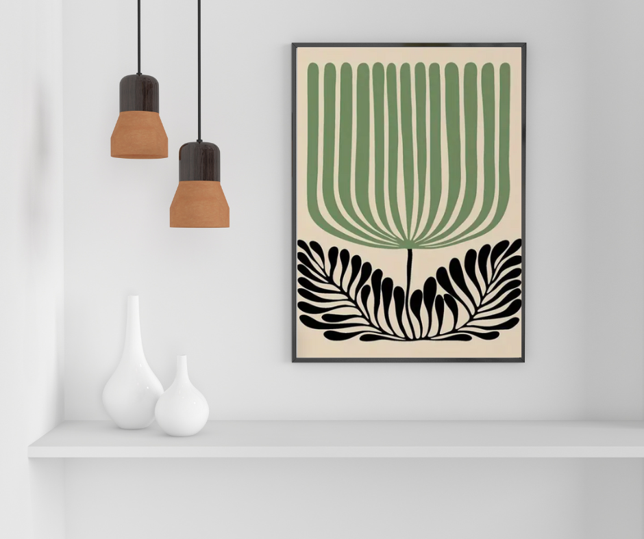 Matisse stylised single tulip high quality UV protected framed canvas print | Sage, black, cream | 30 cm x 40 cm