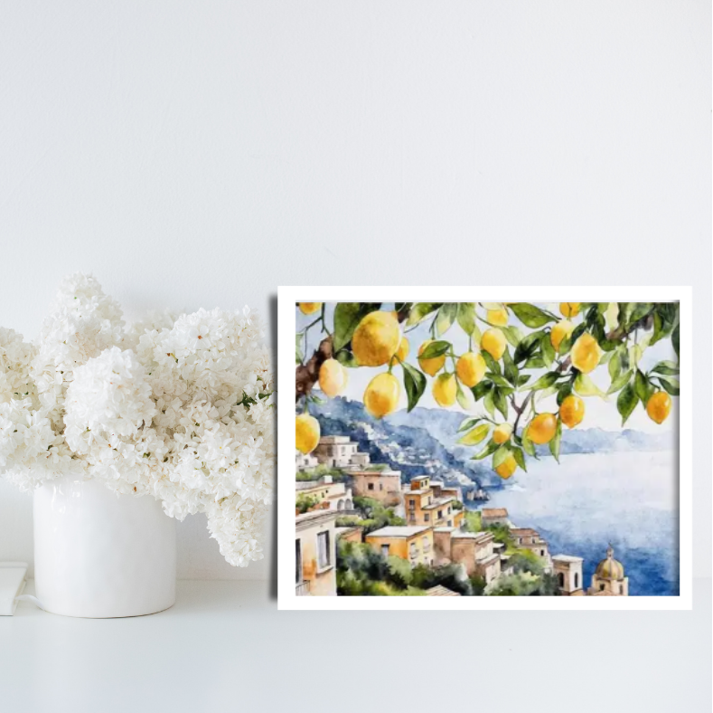 Mediterranean Positano water colour high quality UV protected framed canvas print | Blue, cream, yellow | 40 cm x 30 cm