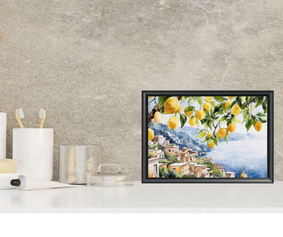 Mediterranean Positano water colour high quality UV protected framed canvas print | Blue, cream, yellow | 40 cm x 30 cm