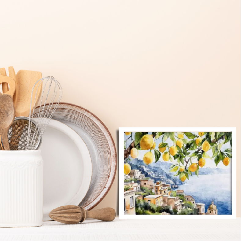 Mediterranean Positano water colour high quality UV protected framed canvas print | Blue, cream, yellow | 40 cm x 30 cm