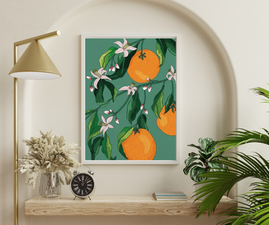 Mediterranean citrus oranges high quality UV protected framed canvas print | Orange, green | 50 cm x 70 cm LGE