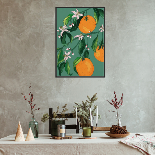 Mediterranean citrus oranges high quality UV protected framed canvas print | Orange, green | 50 cm x 70 cm LGE