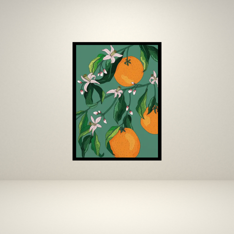 Mediterranean citrus oranges high quality UV protected framed canvas print | Orange, green | 50 cm x 70 cm LGE