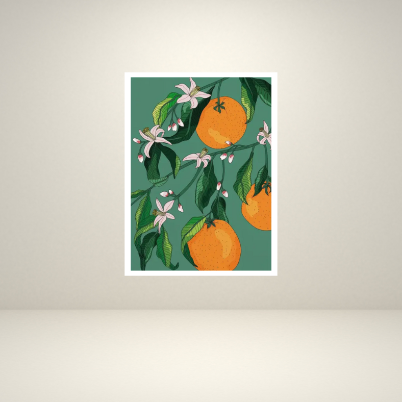Mediterranean citrus oranges high quality UV protected framed canvas print | Orange, green | 50 cm x 70 cm LGE