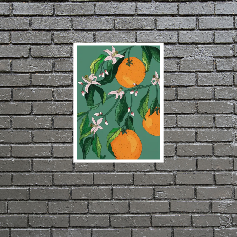 Mediterranean citrus oranges high quality UV protected framed canvas print | Orange, green | 50 cm x 70 cm LGE