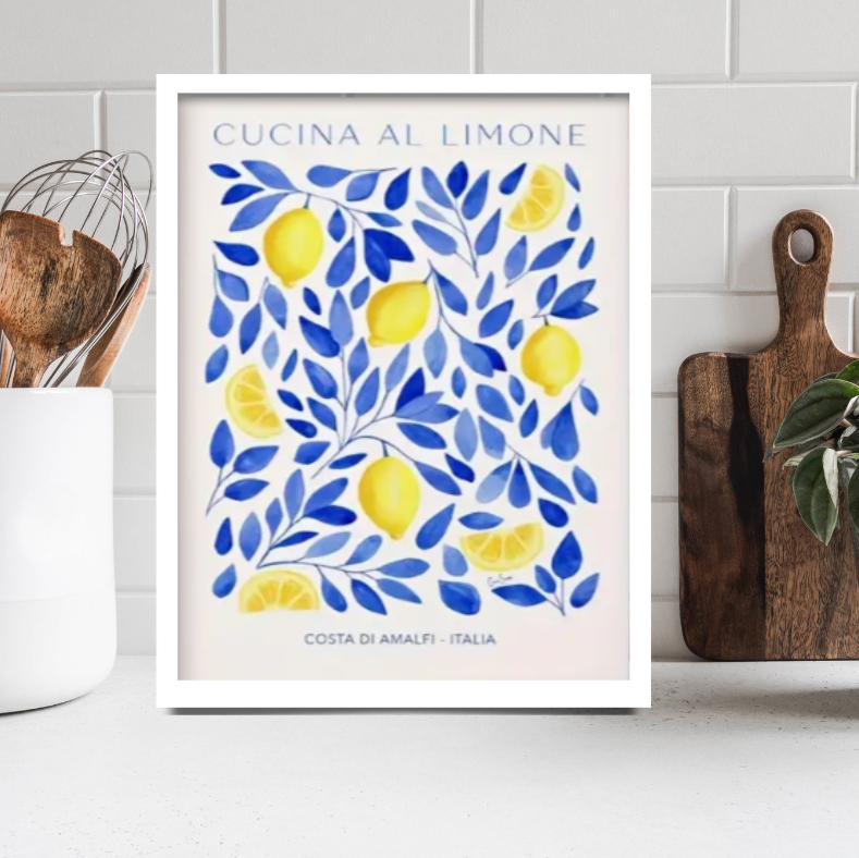 Mediterranean feast cucina al limone high quality UV protected framed canvas print | Blue, white, yellow | 30 cm x 40 cm