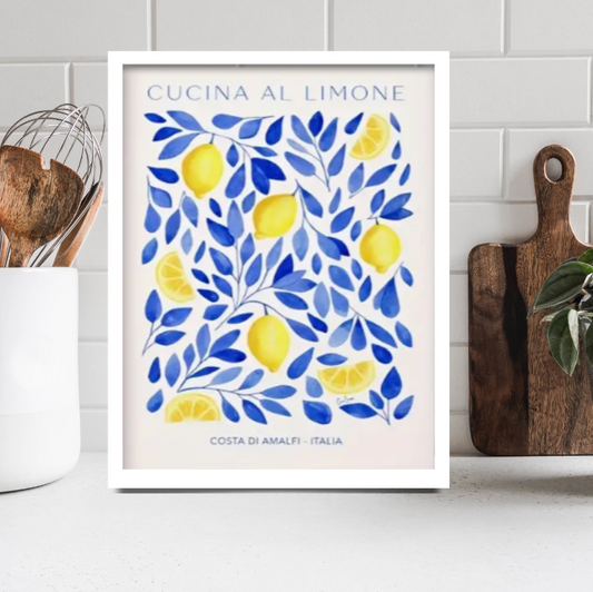 Mediterranean feast cucina al limone high quality UV protected framed canvas print | Blue, white, yellow | 30 cm x 40 cm