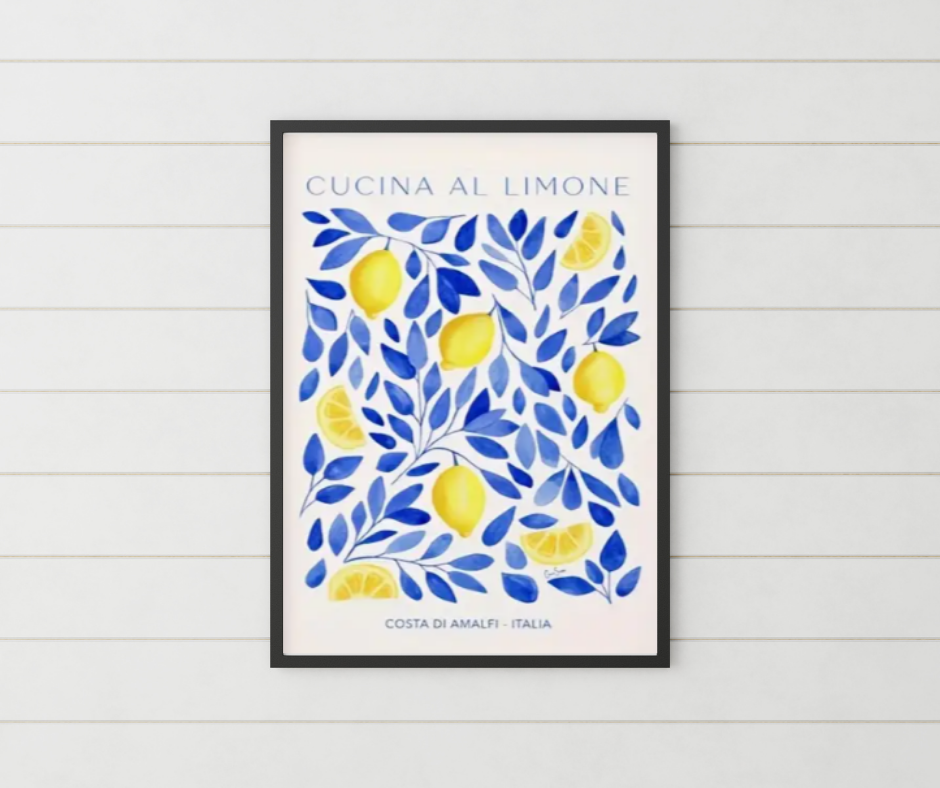 Mediterranean feast cucina al limone high quality UV protected framed canvas print | Blue, white, yellow | 30 cm x 40 cm