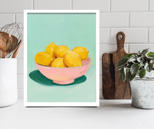 Mediterranean lemon still life high quality UV protected framed canvas print | Yellow, green, pink | 50 cm x 70 cm LGE