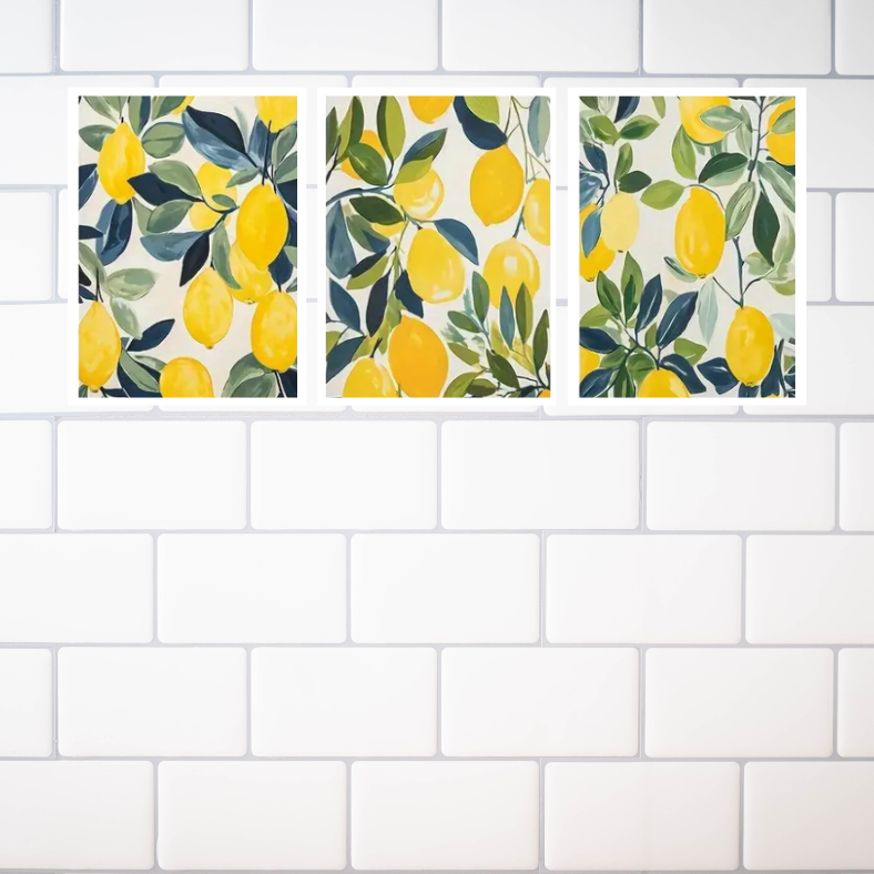 Mediterranean citrus lemons high quality UV protected framed canvas prints | Yellow, blue, green, white | Set of 3 | 30 cm x 40 cm