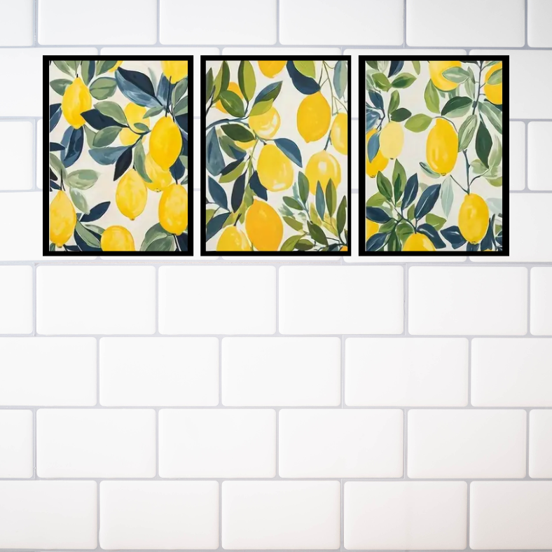 Mediterranean citrus lemons high quality UV protected framed canvas prints | Yellow, blue, green, white | Set of 3 | 30 cm x 40 cm