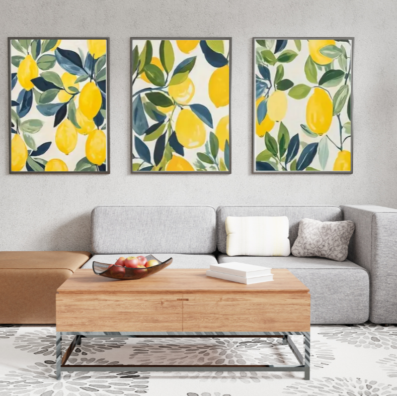 Mediterranean citrus lemons high quality UV protected framed canvas prints | Yellow, blue, green, white | Set of 3 | 30 cm x 40 cm
