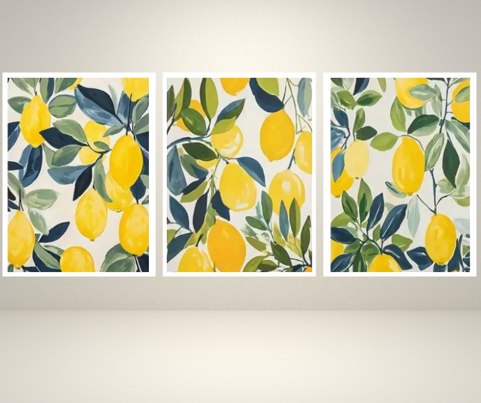 Mediterranean citrus lemons high quality UV protected framed canvas prints | Yellow, blue, green, white | Set of 3 | 50 cm x 70 cm LGE