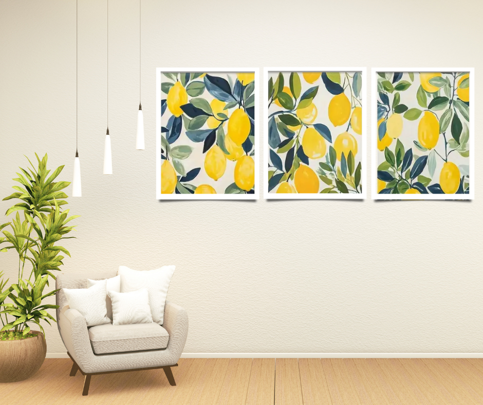 Mediterranean citrus lemons high quality UV protected framed canvas prints | Yellow, blue, green, white | Set of 3 | 30 cm x 40 cm