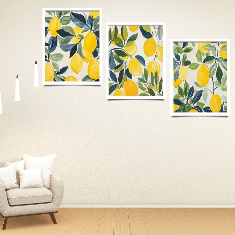Mediterranean citrus lemons high quality UV protected framed canvas prints | Yellow, blue, green, white | Set of 3 | 30 cm x 40 cm