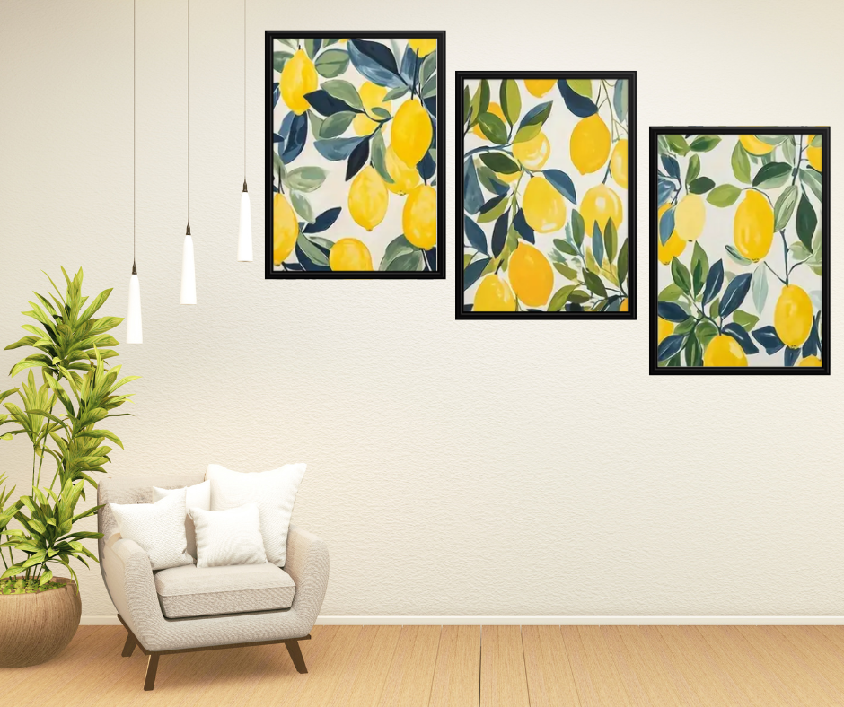 Mediterranean citrus lemons high quality UV protected framed canvas prints | Yellow, blue, green, white | Set of 3 | 30 cm x 40 cm